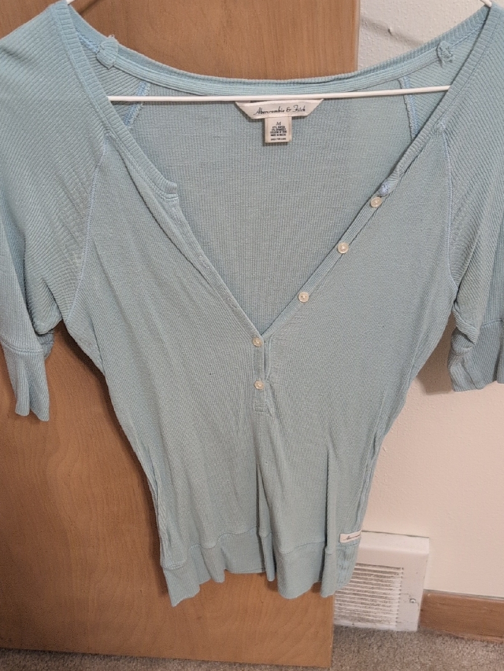 Y2K Abercrombie & Fitch Pale Blue Ribbed Henley Tee